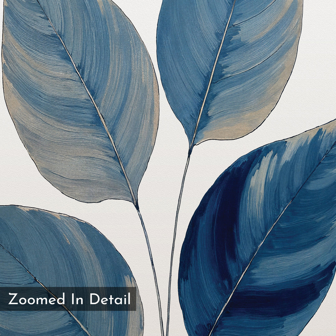 A close-up of four large, blue-toned leaves with visible veins on a white background. The Sapphire Leaves Canvas Art - Vertical includes "Zoomed In Detail" text in the lower left and makes calming blue botanical wall décor.