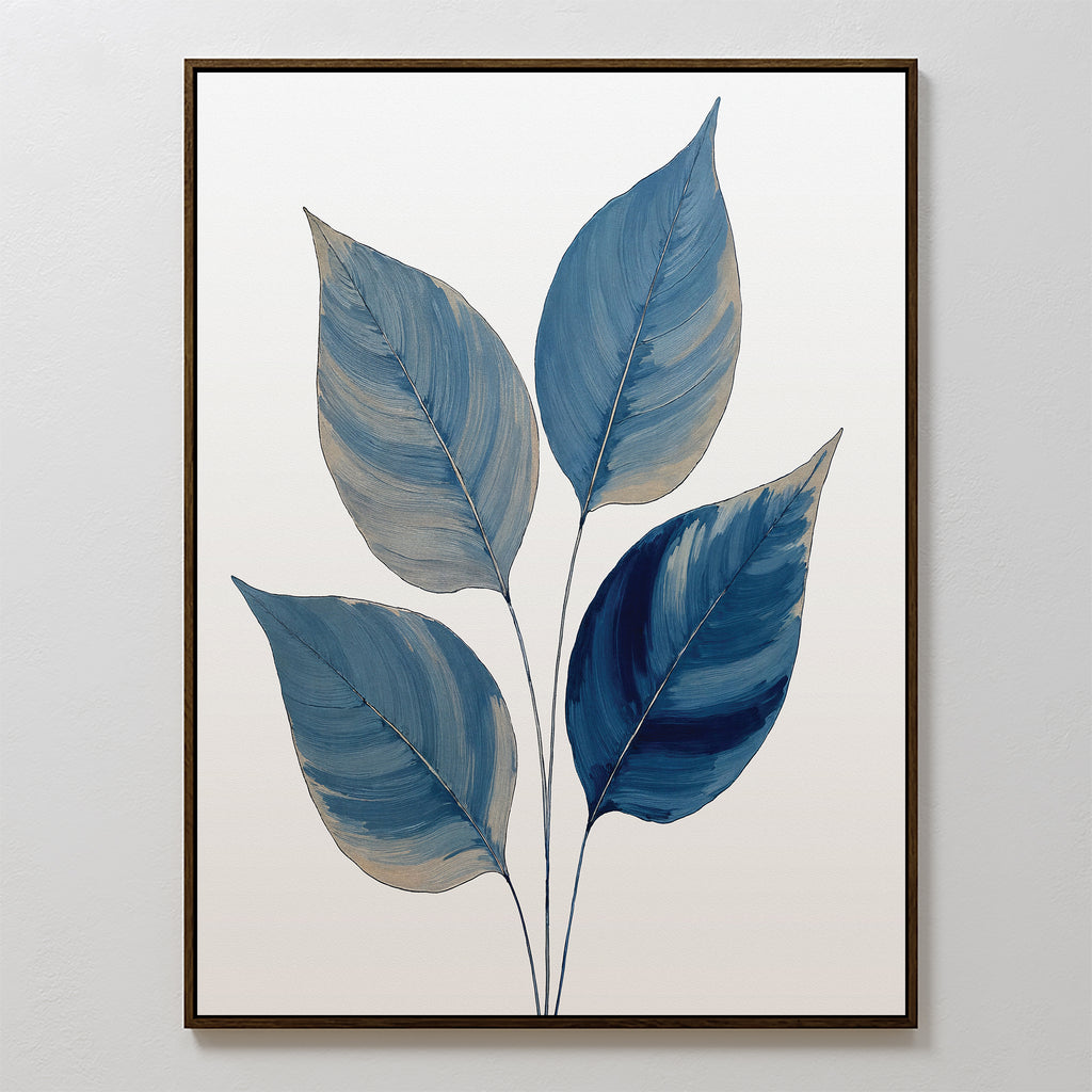 The Sapphire Leaves Canvas Art - Vertical features four large leaves in serene blue and gray on white, with slender stems meeting at the base—an ideal addition for Nordic Park style in your space.