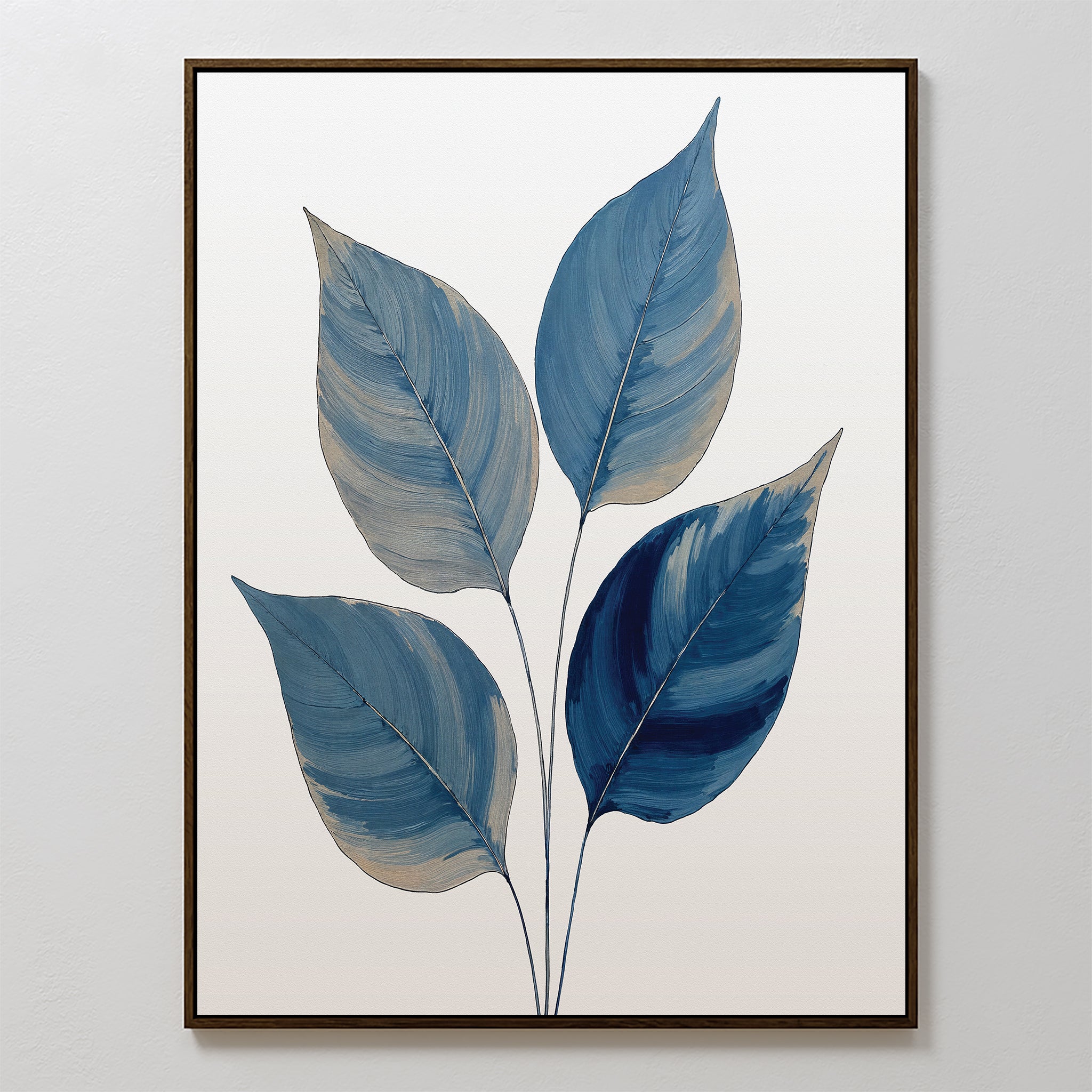 The Sapphire Leaves Canvas Art - Vertical features four large leaves in serene blue and gray on white, with slender stems meeting at the base—an ideal addition for Nordic Park style in your space.
