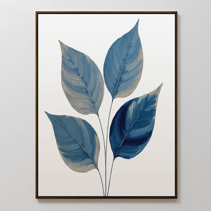 The Sapphire Leaves Canvas Art - Vertical features four large leaves in serene blue and gray on white, with slender stems meeting at the base—an ideal addition for Nordic Park style in your space.