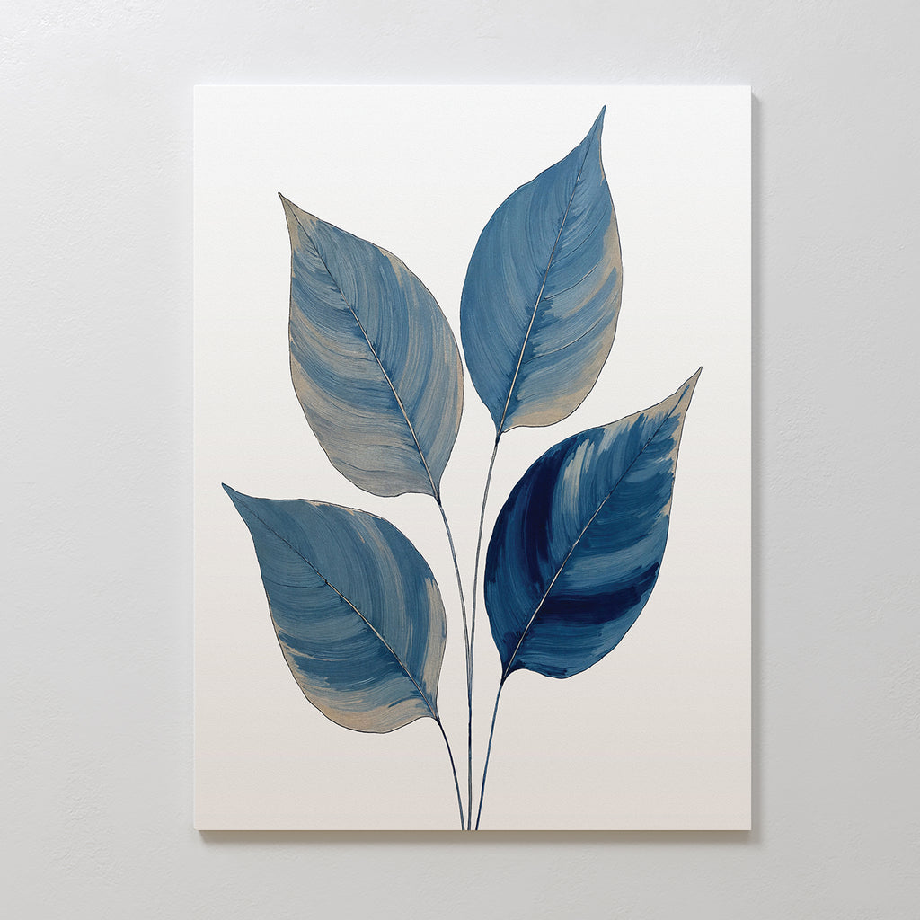 The Sapphire Leaves Canvas Art - Vertical features four large leaves in blue and gray brushstrokes, their stems joined at the bottom on a white background. This calming piece brings a modern, Nordic vibe with soft curves—perfect for any space.
