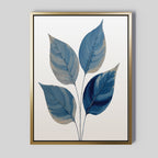 Bring Nordic Park-inspired style to your space with the Sapphire Leaves Canvas Art - Vertical, featuring four large abstract blue leaves with soft brushstroke textures on white, set in a gold frame.