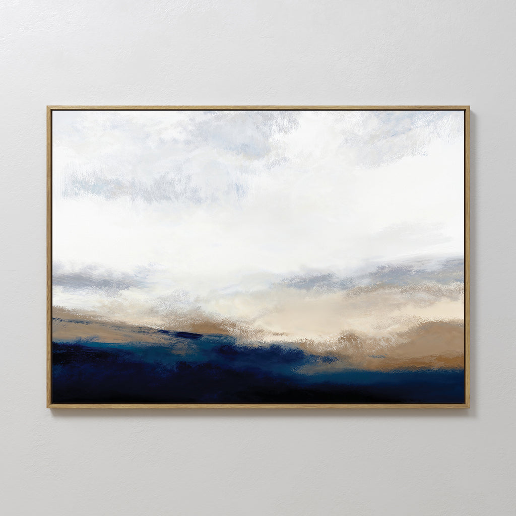 The Sapphire Tides Canvas Art - Horizontal features abstract swirling white and light gray clouds above textured beige, brown, and deep cobalt blue hills, creating modern wall decor for any light-colored space.