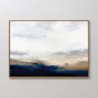 The Sapphire Tides Canvas Art - Horizontal features abstract swirling white and light gray clouds above textured beige, brown, and deep cobalt blue hills, creating modern wall decor for any light-colored space.