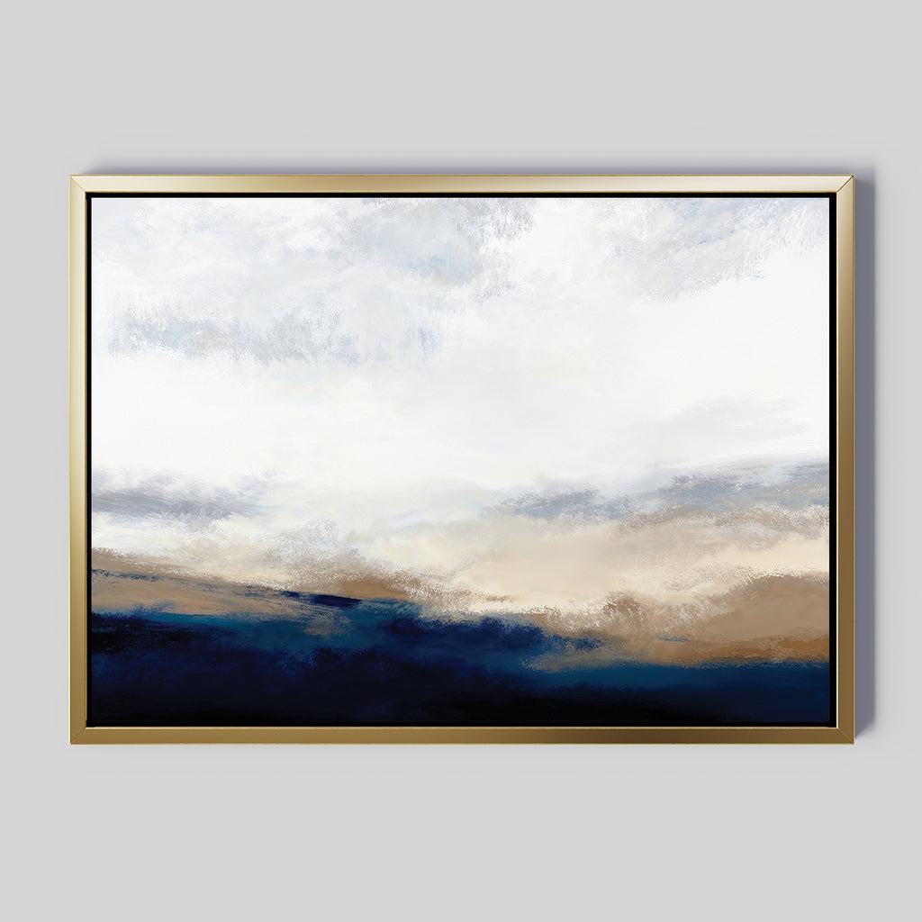 Sapphire Tides Canvas Art - Horizontal features an abstract landscape in a gold frame with blended cobalt blue, brown, and white strokes, creating a cloudy sky effect—an ideal modern wall decor for light gray spaces.
