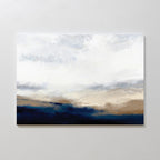 Sapphire Tides Canvas Art - Horizontal features an abstract landscape with a soft, cloudy sky in white, beige, and dark blue tones. This serene piece makes a stunning modern wall decor or striking cobalt blue abstract print.