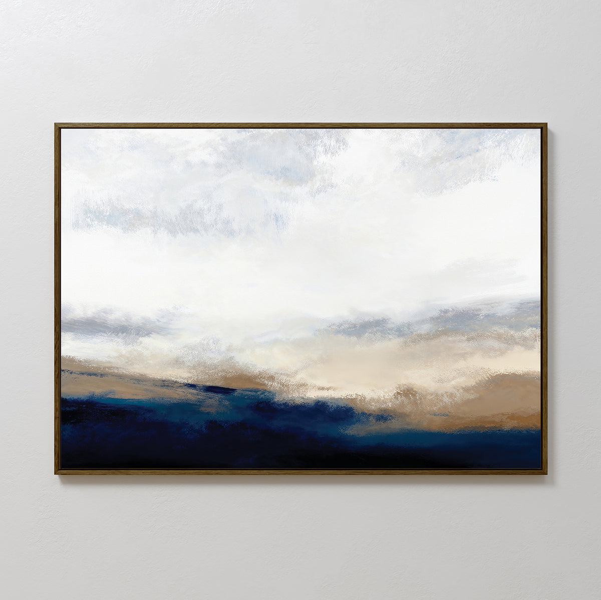 Sapphire Tides Canvas Art - Horizontal features soft, blended brushstrokes of white, beige, tan, and deep cobalt blue in a thin black frame, creating a modern landscape-inspired statement for your wall.