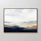 Sapphire Tides Canvas Art - Horizontal features soft, blended brushstrokes of white, beige, tan, and deep cobalt blue in a thin black frame, creating a modern landscape-inspired statement for your wall.