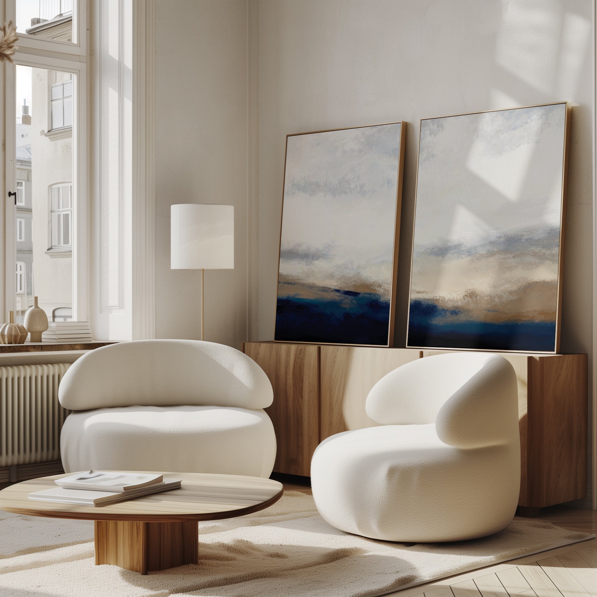Bright, modern living room with two rounded white chairs, a low wooden coffee table, a tall floor lamp, and the Sapphire Tides - Set Of 2 artwork in cobalt blues leaning on a wooden cabinet, sunlight streaming through large windows.