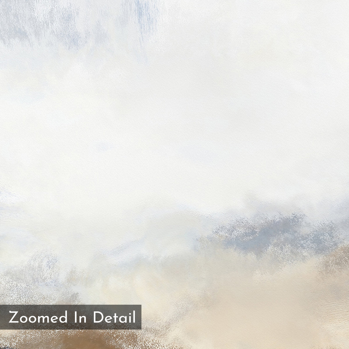 Sapphire Tides Canvas Art - Square features an abstract print with soft patches of white, beige, gray, and cobalt blues. A gray “Zoomed In Detail” label appears in the bottom left. Its cloudy texture complements modern living rooms beautifully.