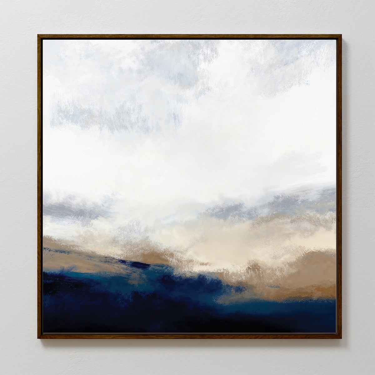 Sapphire Tides Canvas Art - Square showcases abstract cobalt blues, brown, and white in a landscape-inspired design. Framed in a slim dark edge, it’s ideal as a modern print for your living room.