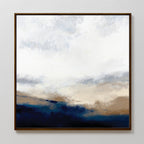 Sapphire Tides Canvas Art - Square showcases abstract cobalt blues, brown, and white in a landscape-inspired design. Framed in a slim dark edge, it’s ideal as a modern print for your living room.