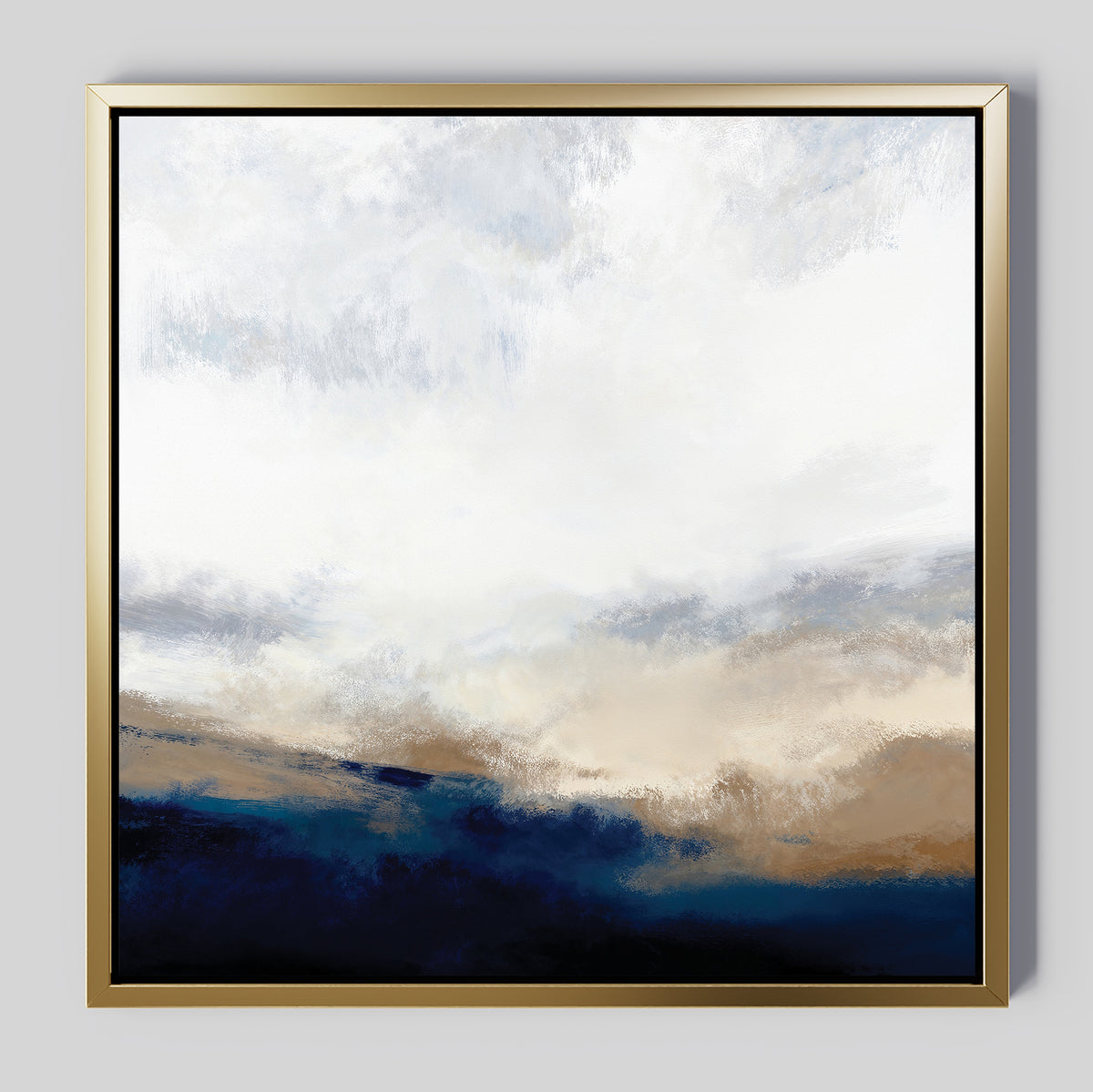 Sapphire Tides Canvas Art - Square: Abstract print in a gold frame, with soft cobalt blues blending into beige and white above—evoking a cloudy sky over a landscape, ideal for adding modern elegance to your living room.