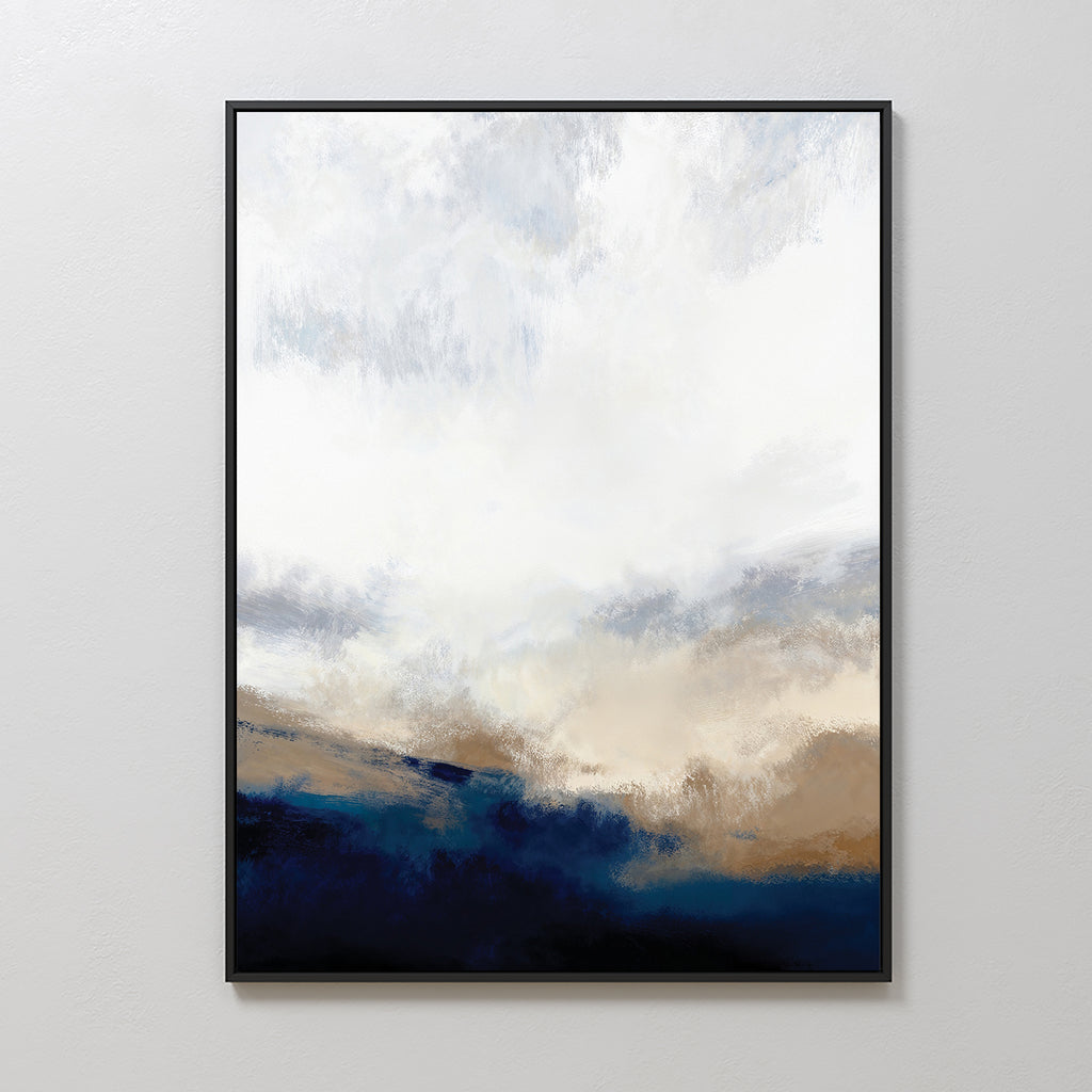 The Sapphire Tides Canvas Art - Vertical features a dynamic blend of white, light blue, beige, and cobalt blues in an abstract landscape style—ideal for modern living rooms on light-colored walls.