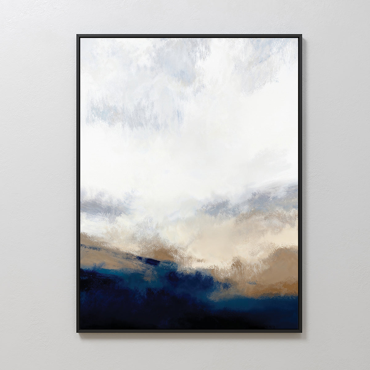 The Sapphire Tides Canvas Art - Vertical features a dynamic blend of white, light blue, beige, and cobalt blues in an abstract landscape style—ideal for modern living rooms on light-colored walls.