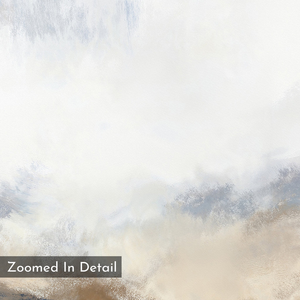 Sapphire Tides Canvas Art - Vertical features soft, blended strokes of white, beige, and light blue with a cloudy texture—ideal abstract wall decor for modern living rooms. Includes a semi-transparent "Zoomed In Detail" label in the bottom left corner.