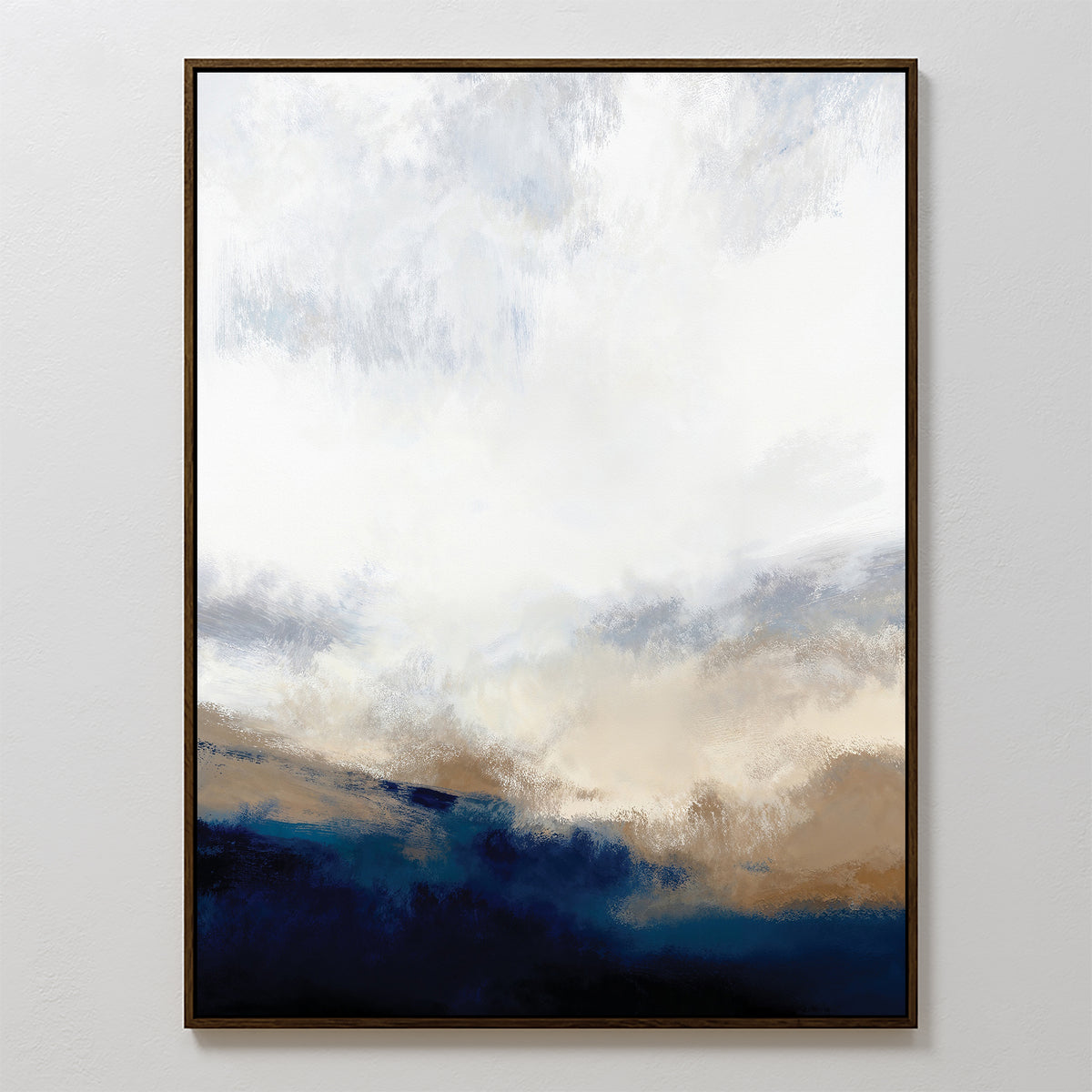 Sapphire Tides Canvas Art - Vertical features abstract cobalt blue and brown brushstrokes transitioning to beige and white, evoking a serene landscape. A slim dark frame adds elegance, making it ideal for modern living rooms.
