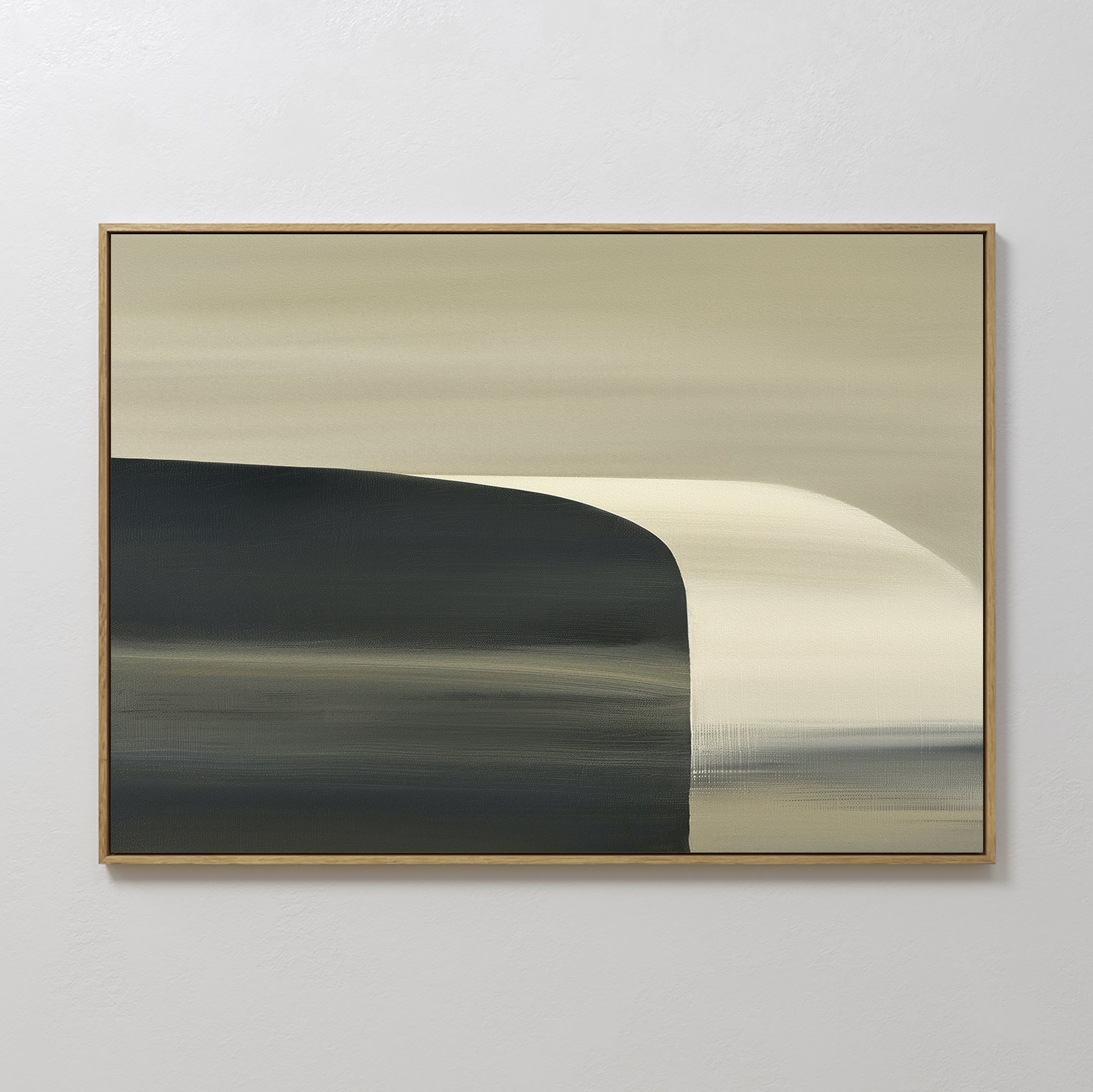 The Sculptural Forms Canvas Art - Horizontal features smooth, horizontal bands of dark gray, beige, and cream with curved transitions from dark to light. Framed in wood, it’s perfect for modern living rooms and minimalist decor.