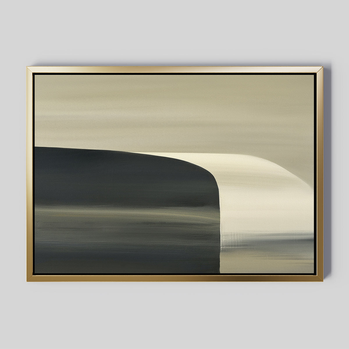 The Sculptural Forms Canvas Art - Horizontal features smooth, sculptural shapes in beige, cream, and black on a light gray background with a gold frame—ideal for modern living rooms or minimalist decor.
