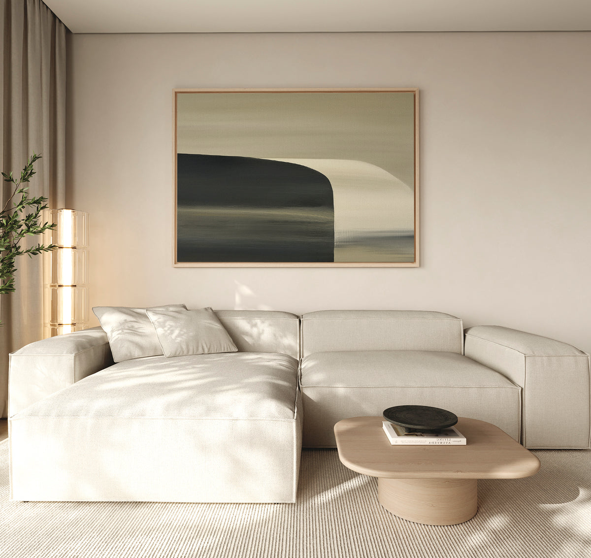 A modern living room with a light beige sectional, low wooden coffee table topped with a black bowl, tall lamp, potted plant, minimalist decor, and the Sculptural Forms Canvas Art - Horizontal in muted tones on the wall.