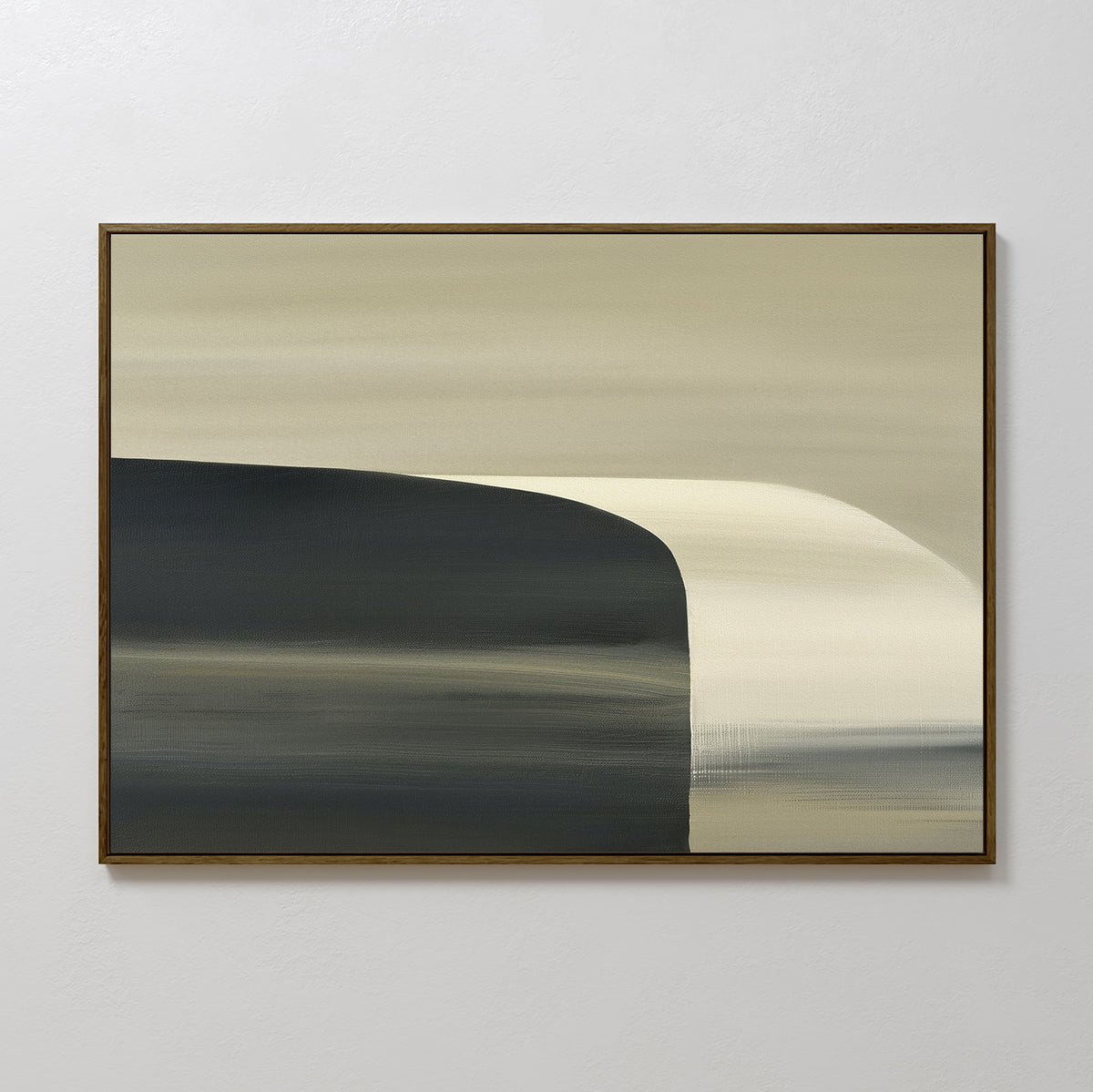 Sculptural Forms Canvas Art - Horizontal features smooth, layered gradients of beige, cream, and dark gray with curved divisions—ideal for minimalist decor in modern living rooms when framed and displayed on a light wall.