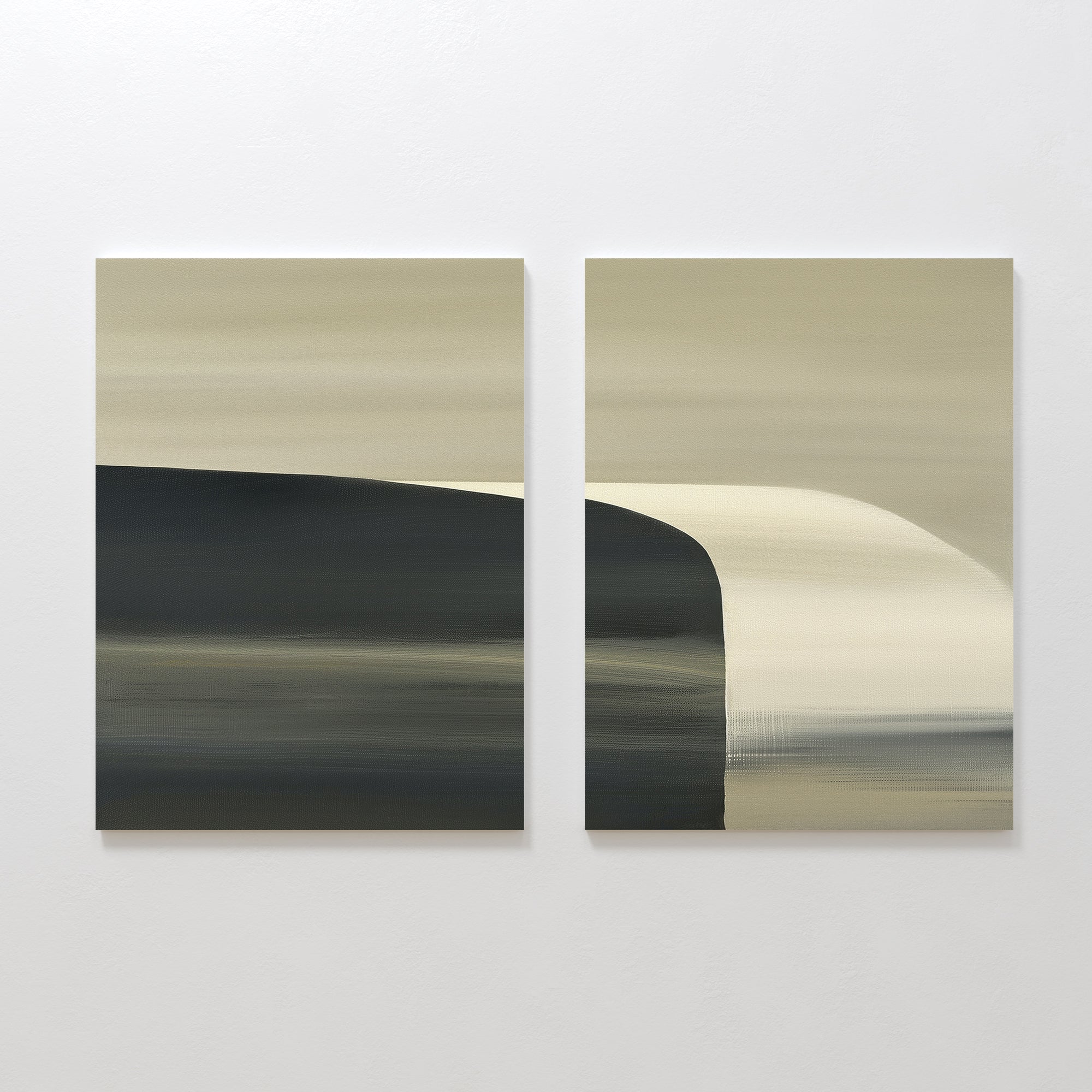 Sculptural Forms - Set Of 2 features two minimalist abstract paintings with smooth horizontal brushstrokes in beige, cream, and dark gray, creating a serene composition ideal for modern living rooms with subtle gradients and soft transitions.