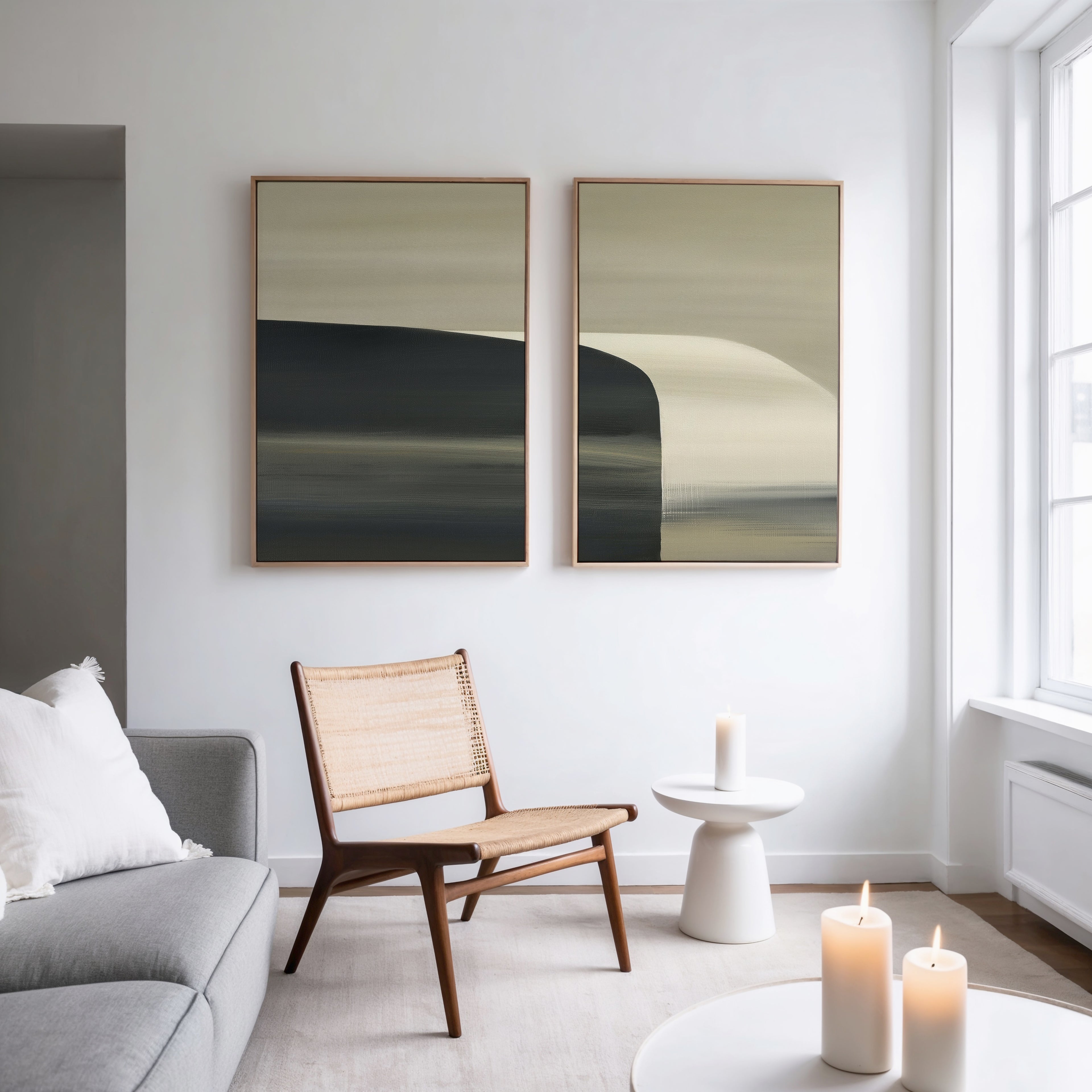 Minimalist living room with a gray sofa, light wooden chair, small white table, and lit candles. Two abstract paintings hang above. Sculptural Forms - Set Of 2 add artistry near large windows that flood the modern space with natural light.