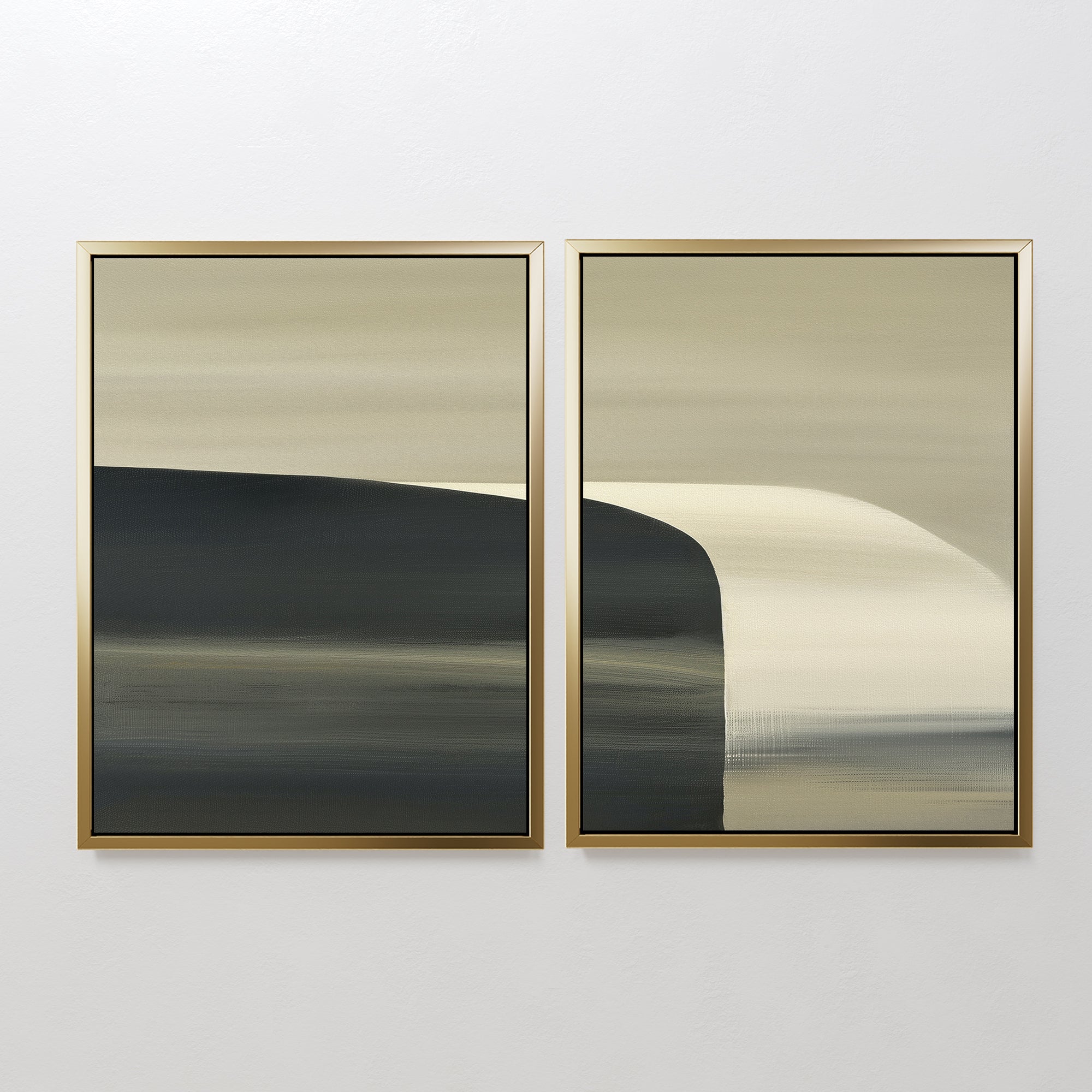 Sculptural Forms - Set Of 2 features framed abstract paintings with smooth gradients of beige, gray, and black. Curved and straight lines create a minimalist look—ideal accents for modern living rooms.