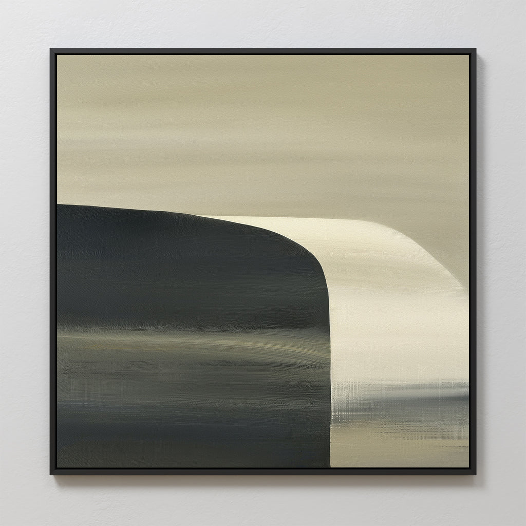Sculptural Forms Canvas Art - Square: Soft beige and gray tones blend into sculptural dark curves, framed in black. This minimalist wall art adds a modern accent to any living room decor.