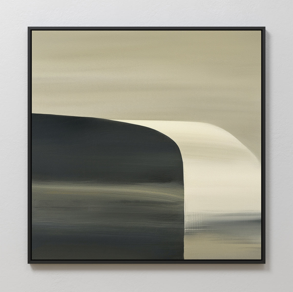 Sculptural Forms Canvas Art - Square: Soft beige and gray tones blend into sculptural dark curves, framed in black. This minimalist wall art adds a modern accent to any living room decor.