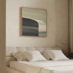 A minimal bedroom with a beige bed, cream pillows, and the Sculptural Forms Canvas Art - Square above the headboard. Minimalist decor complements the space, while natural light fills the softly colored room.
