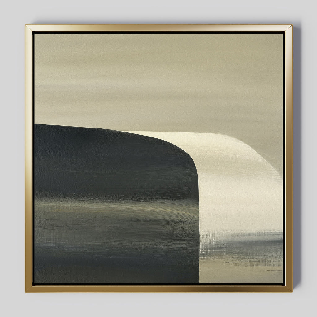 Sculptural Forms Canvas Art - Square features a gold frame and soft, blended shades of beige, cream, and dark gray. Its sculptural shapes and flowing gradient evoke movement—an elegant touch for modern, minimalist living rooms.