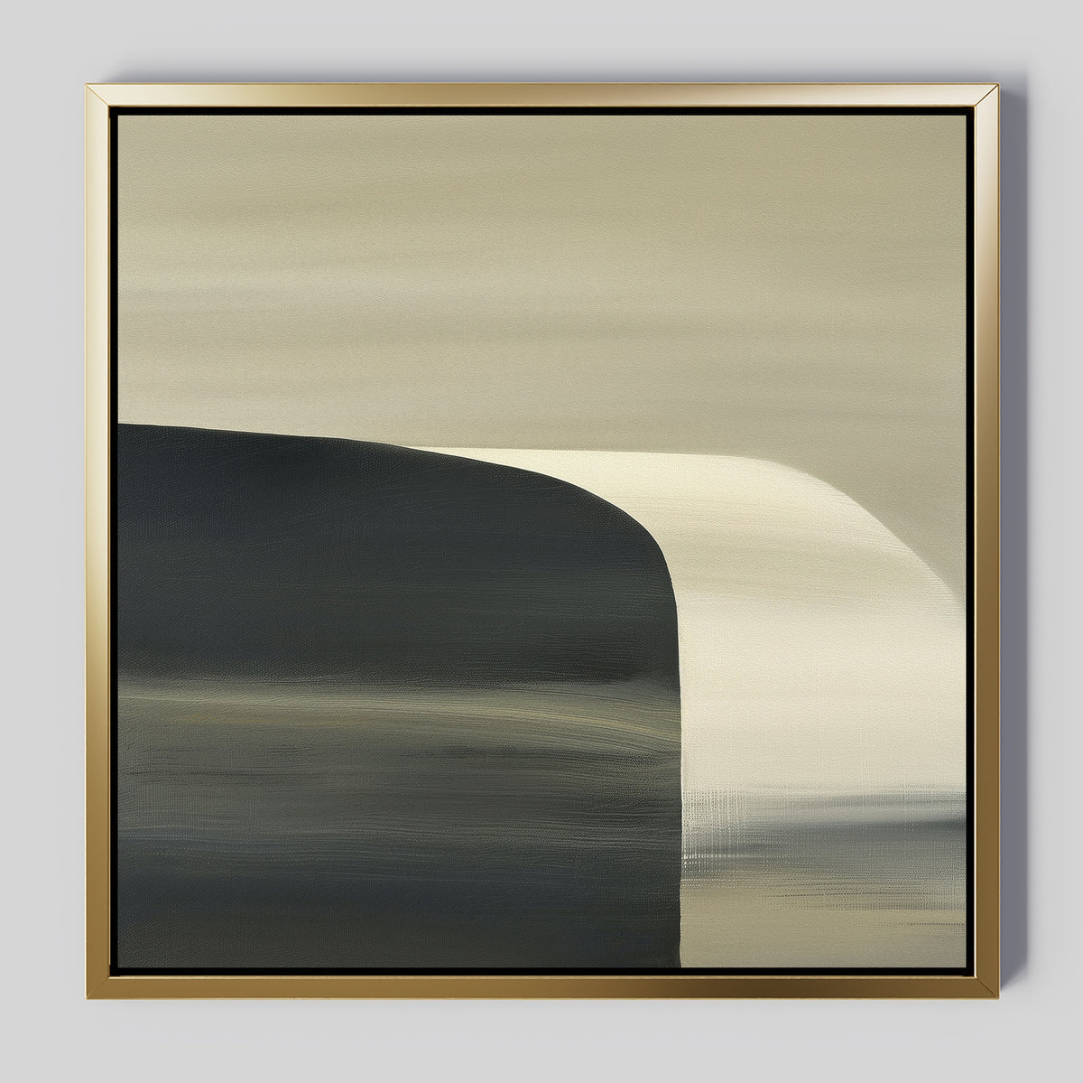 Sculptural Forms Canvas Art - Square features a gold frame and soft, blended shades of beige, cream, and dark gray. Its sculptural shapes and flowing gradient evoke movement—an elegant touch for modern, minimalist living rooms.