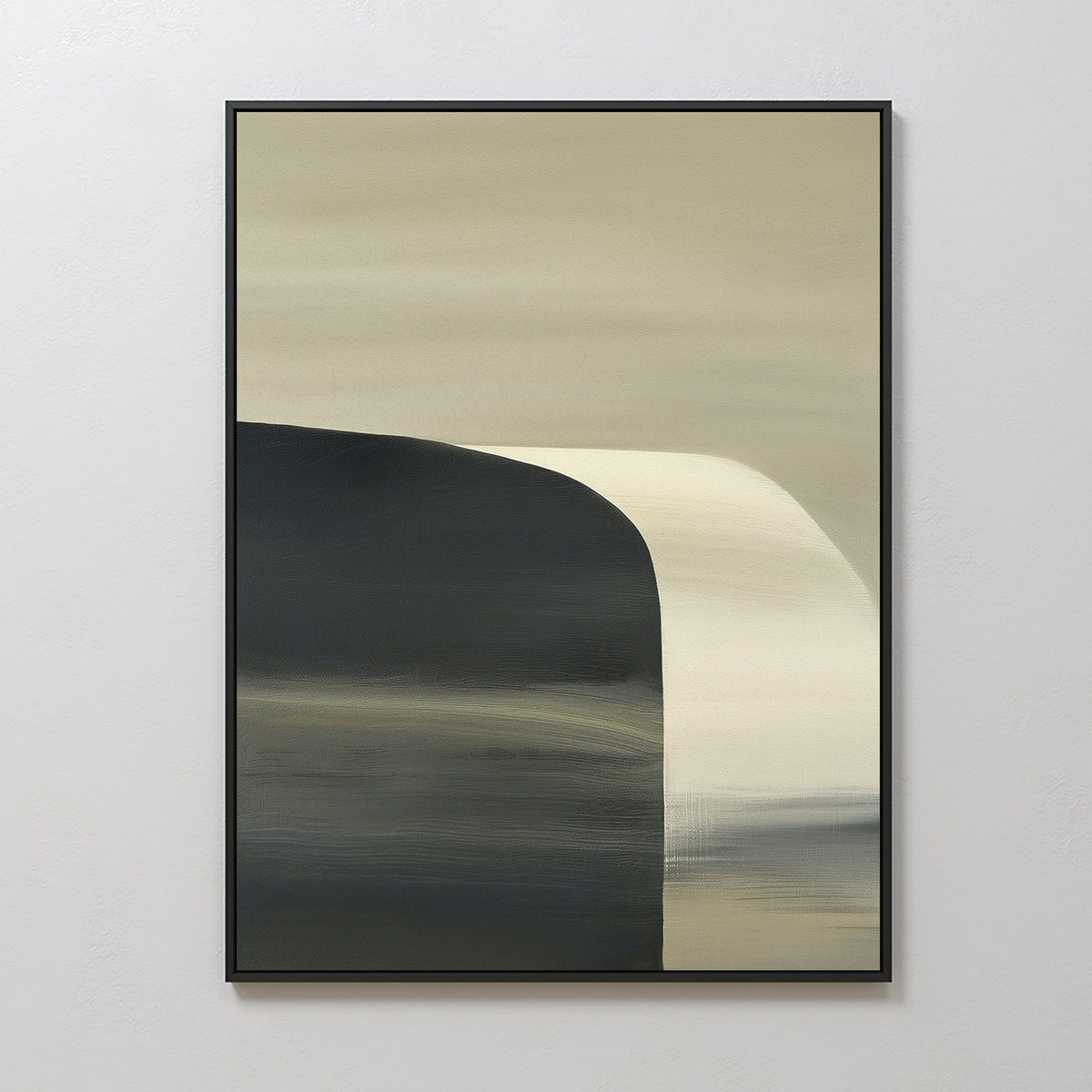 Sculptural Forms Canvas Art - Vertical features smooth horizontal beige and gray brushstrokes, a dark curved shape on the left, and subtle gradients on the right, bringing depth and calm to this minimalist composition.