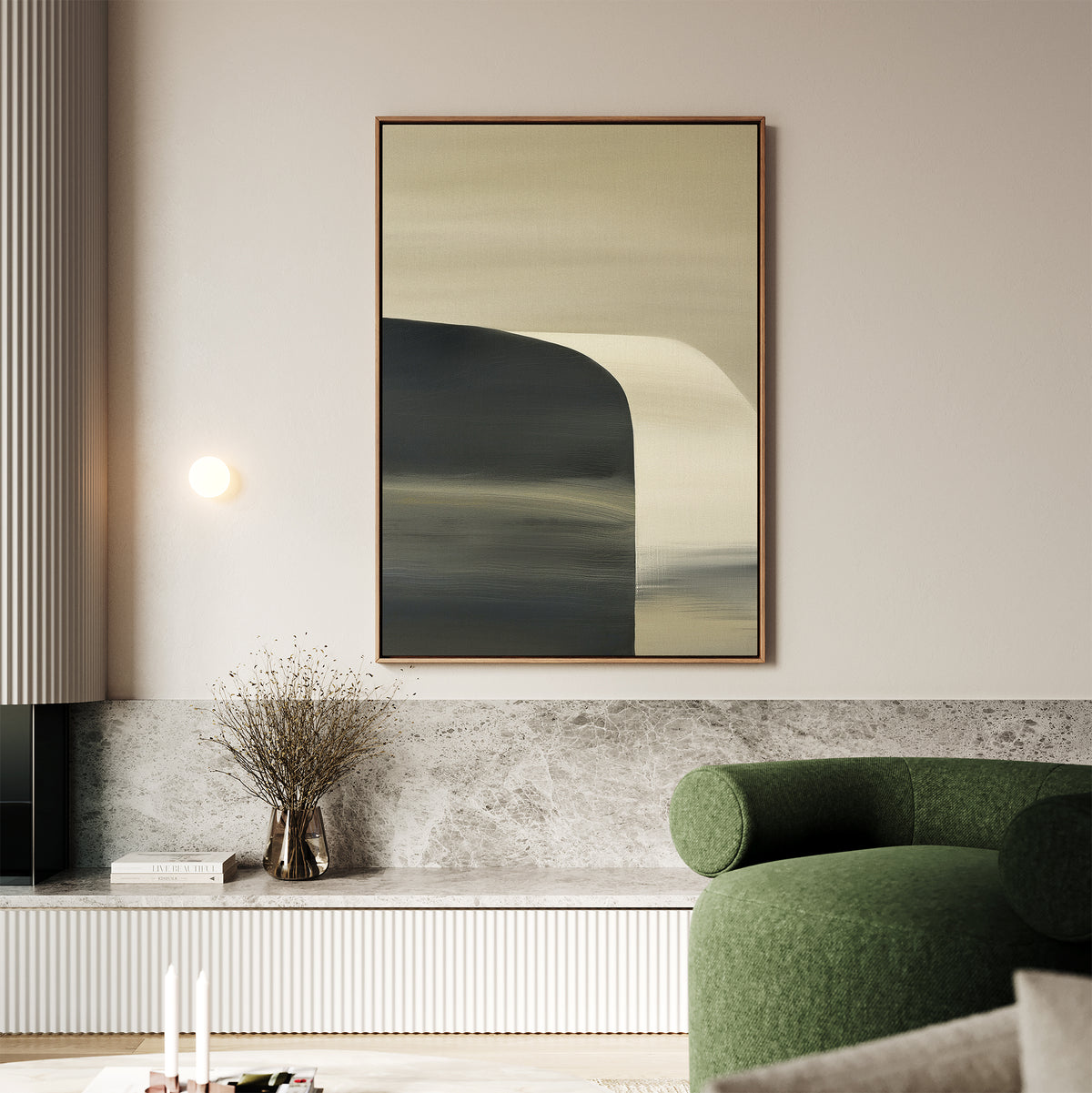 Minimalist living room featuring a modern green sofa, a vase with dried branches, and the Sculptural Forms Canvas Art - Vertical as a large abstract piece in neutral tones. Soft, warm lighting adds to the cozy minimalist vibe.
