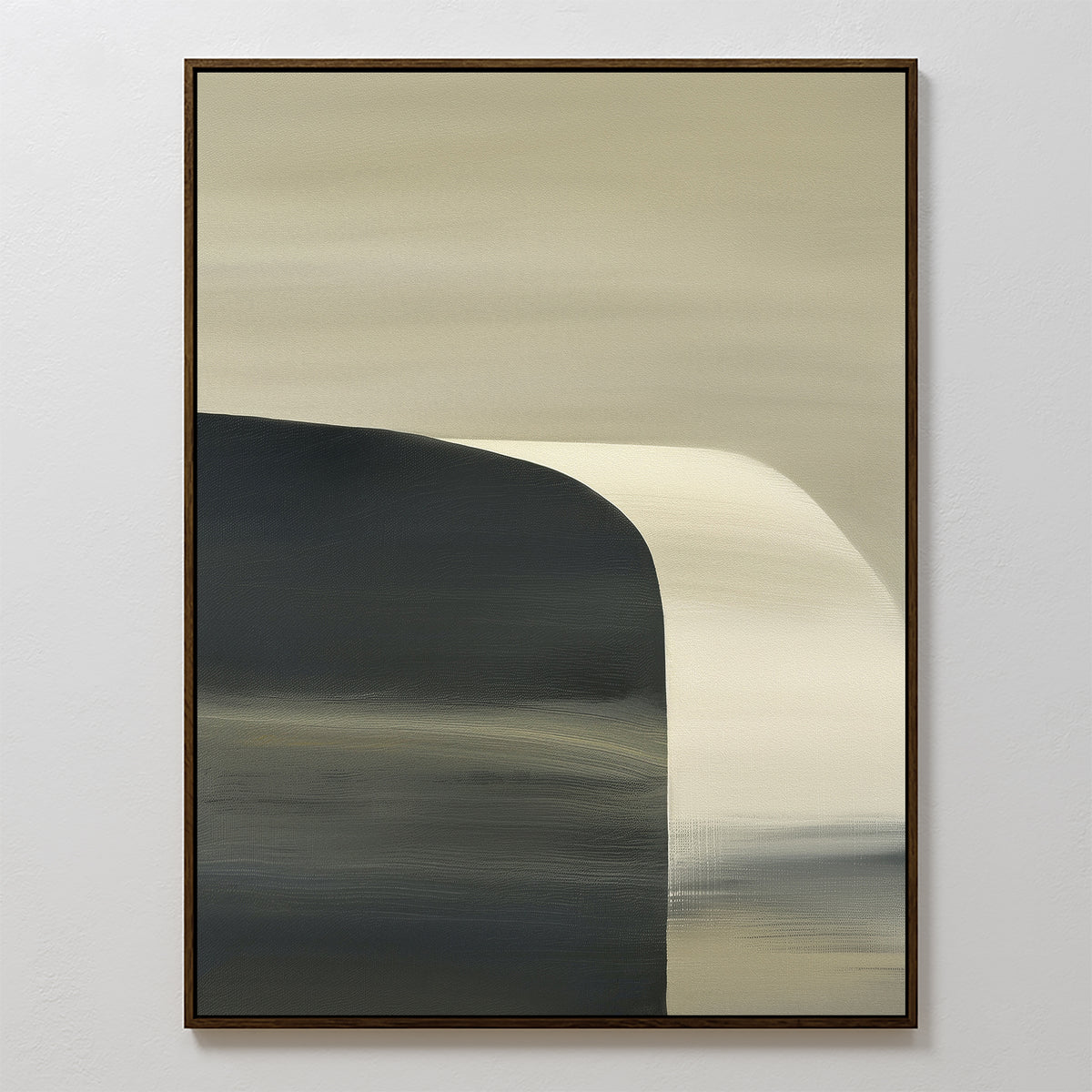 Sculptural Forms Canvas Art - Vertical features a curved dark shape blending into soft light tones, creating a balanced minimalist look in a slim dark frame—ideal for modern living rooms.