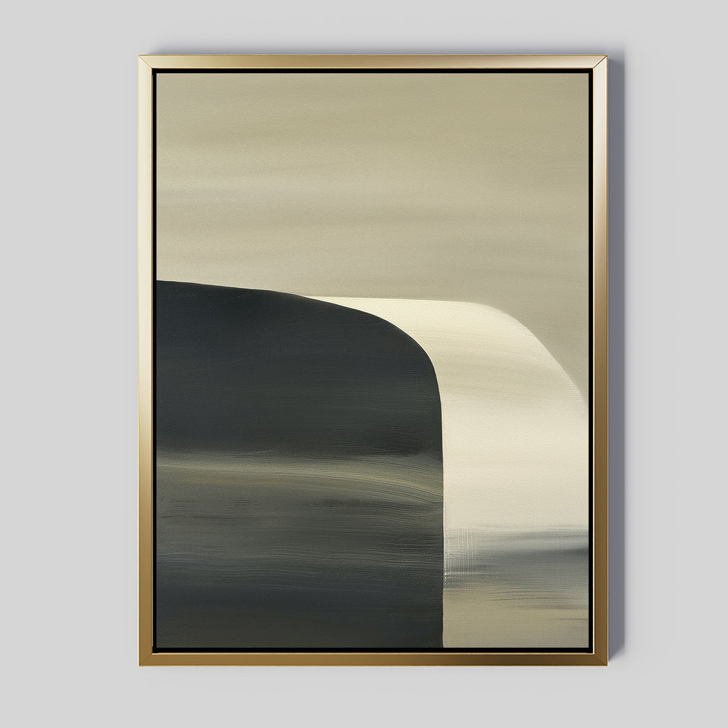 The Sculptural Forms Canvas Art - Vertical features a minimalist abstract design with muted beige and dark gray tones, a curved sculptural form on the left, fading into lighter shades on the right, all set within a gold frame against a gray background.