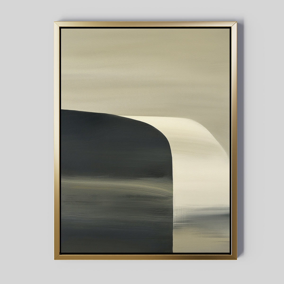 The Sculptural Forms Canvas Art - Vertical features a minimalist abstract design with muted beige and dark gray tones, a curved sculptural form on the left, fading into lighter shades on the right, all set within a gold frame against a gray background.
