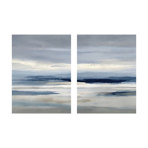 Blue Mist Horizon is a diptych of minimalist wall art featuring abstract landscapes with layered horizontal bands of blue, grey, and white in a soft, watercolor style that creates calming artwork.
