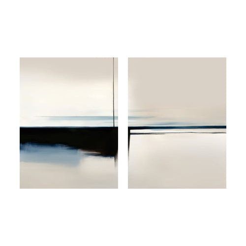 Blurred Reflections minimalist wall art consisting of two panels featuring horizontal bands of blue, black, and beige with a thin vertical line.