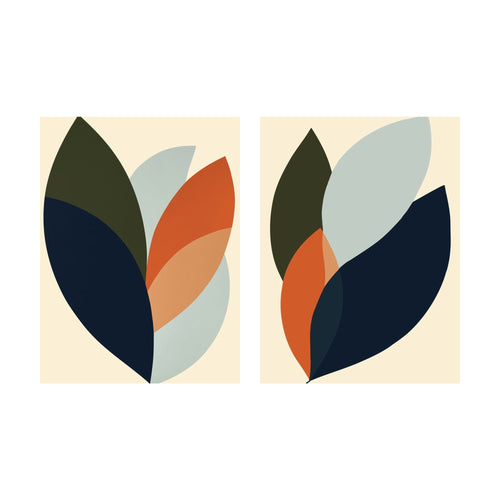 Autumn Layers: two rectangular abstract leaf prints featuring overlapping shapes in shades of olive, orange, blue, and cream.