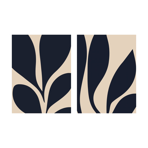 Botanical Ink wall art featuring two minimalist prints with abstract, dark blue organic leaf shapes against a light tan background.