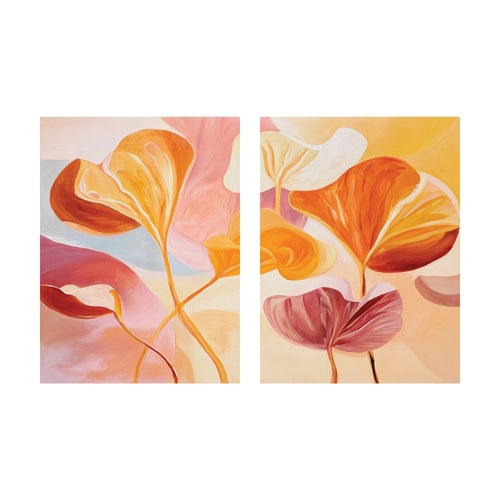 Autumn Reverie features two panels of abstract Nordic Park botanical artwork with stylized, fan-shaped leaves in shades of orange, yellow, and soft pink.