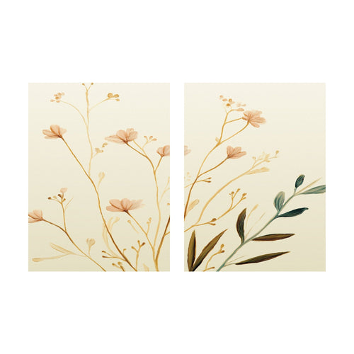 Autumn Botanicals features two side-by-side vertical panels of delicate watercolor illustrations of autumn foliage in muted earth tones on a cream background, showcasing botanical elegance.