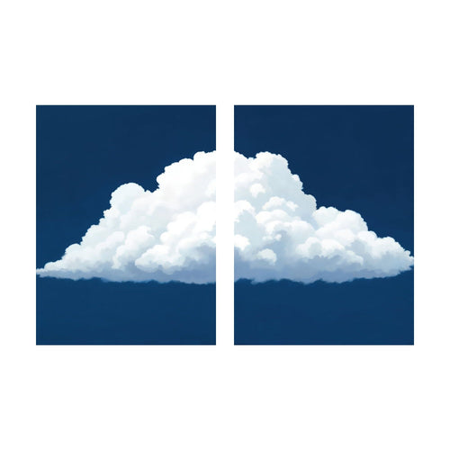 Blue Horizon Cloud diptych featuring a single large, white, fluffy cloud centered against a dark blue background, split into two separate rectangular panels.