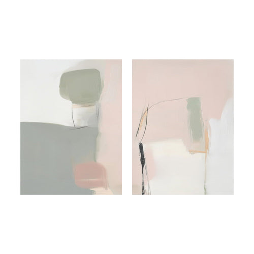 Blushed Horizon abstract wall art featuring two paintings with muted blocks of sage green, blush pink, and white with thin black line accents.