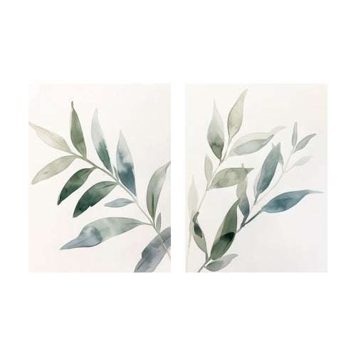 Botanical Breeze wall art consisting of two panels featuring watercolor paintings of branches with green and blue-toned leaves.
