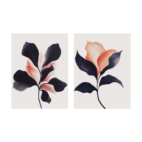 Blush & Shadow botanical art prints featuring abstract leaves in shades of dark charcoal and pale coral against a neutral background, perfect for modern wall decor.