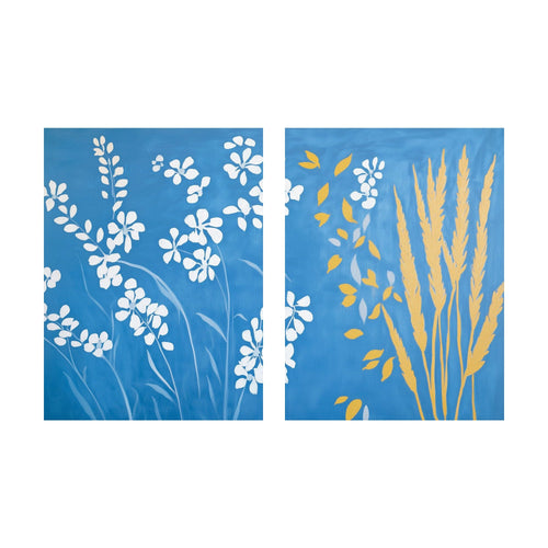 Two vertical panels of Azure Meadow depicting stylized white wildflowers on a blue background on the left, and golden wheat stalks and leaves on a blue background on the right.