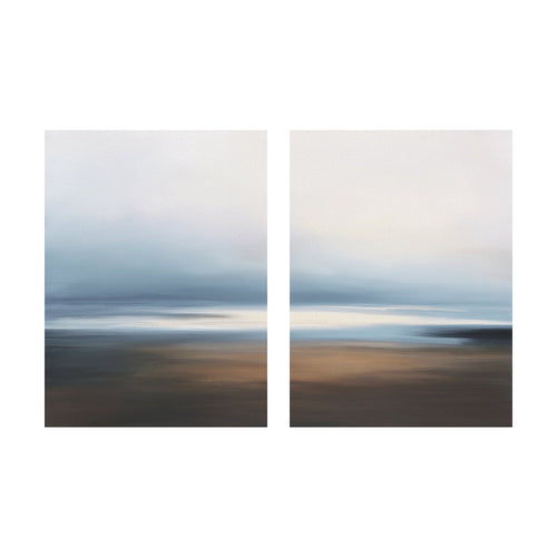 Two side-by-side rectangular panels of Blurred Seascape wall art, featuring a blurred shoreline in muted blue and brown tones.